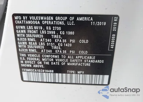 2019 Volkswagen Atlas 3.6L V6 Sel из США, поврежденный, VIN 1V2MR2CA1KC616488